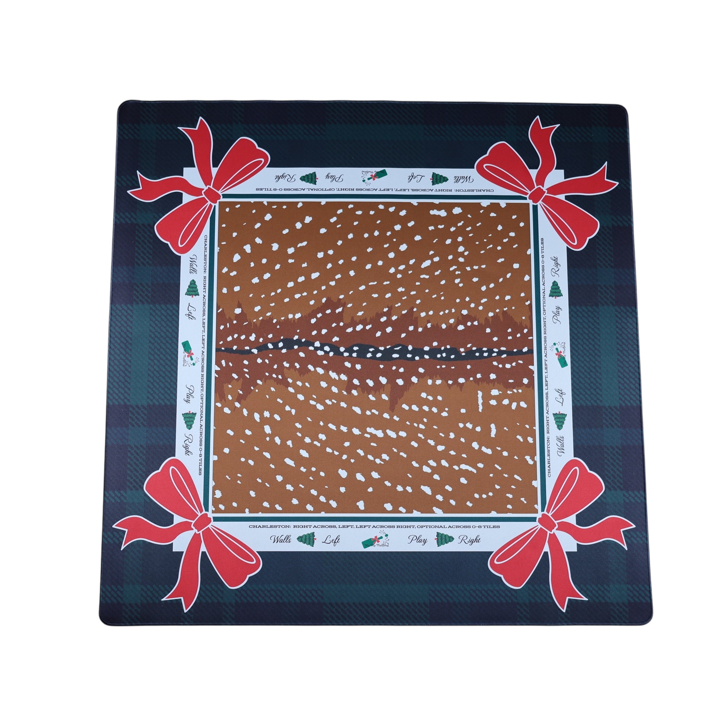 Decorative mat with deer pattern and red bows on a plaid border
