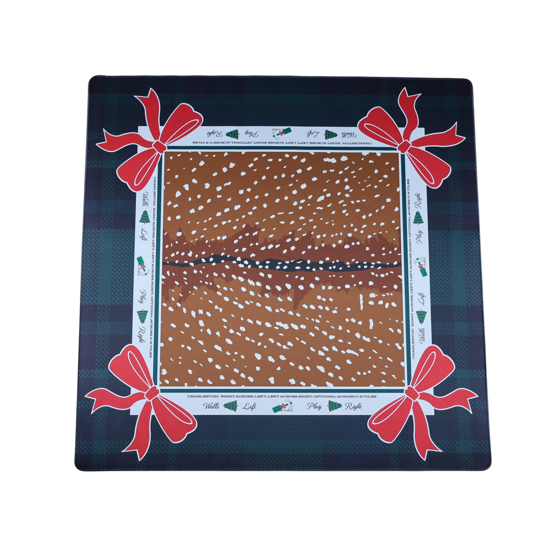 Decorative mat with deer pattern and red bows on a plaid border